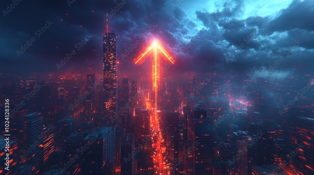 Futuristic cityscape with glowing arrow pointing upward. Futuristic cityscape with glowing arrow pointing upward.