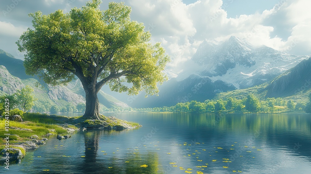 Serene Mountain Lake with Tranquil Waters and Lush Greenery Serene Mountain Lake with Tranquil Waters and Lush Greenery