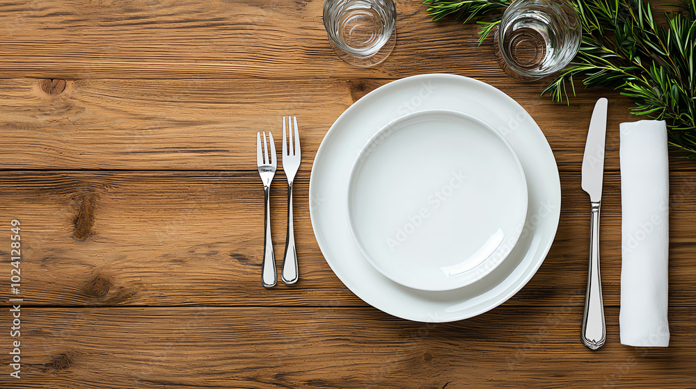 Dining table setting with cutlery and plates