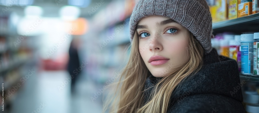 Young woman in a grey knitted hat looking at the camera with a blurred supermarket aisle in the background. Young woman in a grey knitted hat looking at the camera with a blurred supermarket aisle in the background.