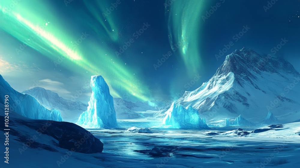Majestic Icy Landscape Under Northern Lights Majestic Icy Landscape Under Northern Lights