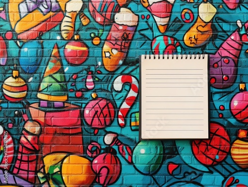 Street artinspired Christmas background with a blank notepad against a vibrant mural filled with holiday symbols like ornaments and stockings photo
