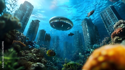 Futuristic underwater city with glowing illuminated buildings and a thriving diverse ecosystem of marine life  Aquatic photo