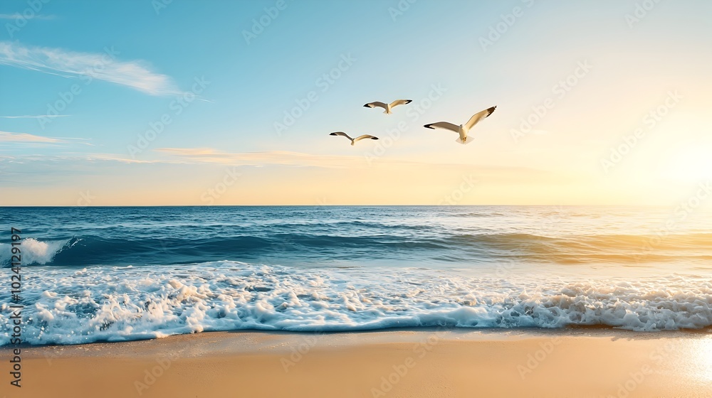 Fototapeta premium Serene coastal scene with seagulls gracefully flying over a quiet beach set against a clear blue sky with bright sunlight creating a dramatic double exposure silhouette effect of birds in the sky