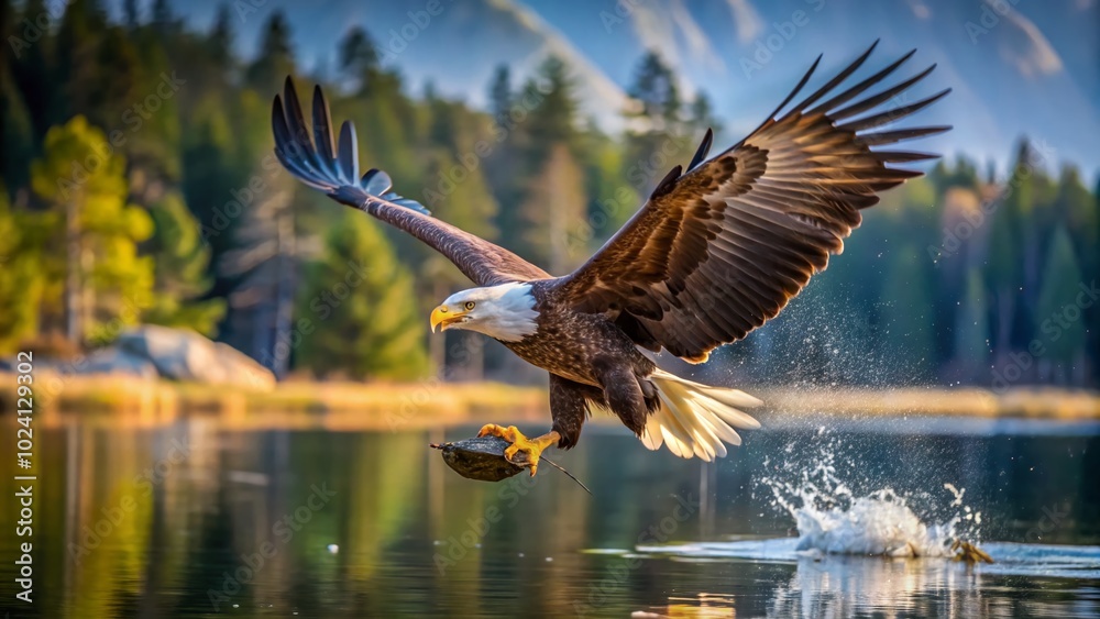 Majestic Eagle in Flight Capturing Fish from a Serene Lake - Stunning Wildlife Photography of Nature's Predator in Majestic Eagle in Flight Capturing Fish from a Serene Lake - Stunning Wildlife Photography of Nature's Predator in