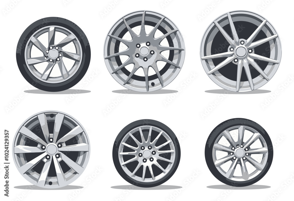 Modern Wheels and Rims Vector Set - Flat Design for Creative Automotive Projects and Illustrations Modern Wheels and Rims Vector Set - Flat Design for Creative Automotive Projects and Illustrations