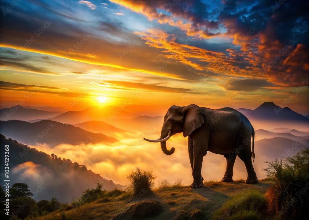 Fototapeta premium Majestic Elephant Silhouette in Front of Stunning Mountain Landscape at Sunset for Perfect Wildlife and Nature
