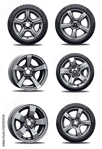 Vector Illustration of Trendy Wheels and Rims - Flat Design Perfect for Auto Industry Marketing