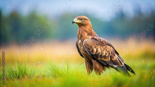 Lesser spotted eagle perched on a meadow, showcasing forced perspective photo