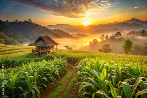 Majestic sunrise casts golden hues over cornfields in Mae Sariang, Thailand, capturing the serene beauty of rural landscapes and vibrant farming photo