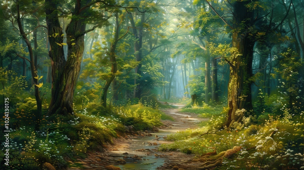 Sunlit Path Through a Tranquil Forest Sunlit Path Through a Tranquil Forest