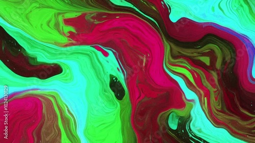 Dynamic Liquid vibrant colors particles abstract paint movement background. Green red swirling liquids, fluid particles, cell shading, soft lighting animation