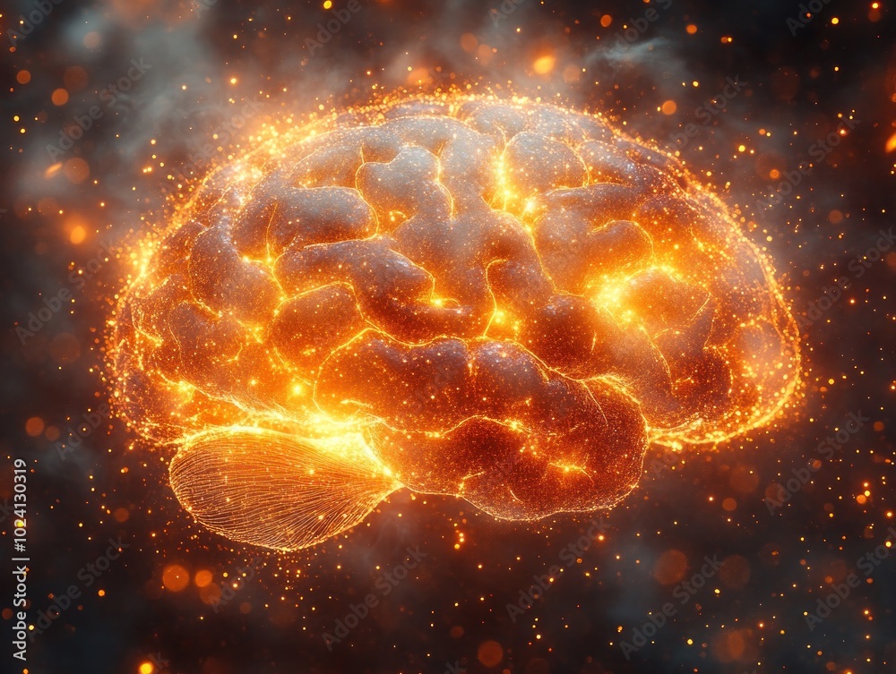 A fiery human brain with sparks and smoke, abstract concept of intelligence and knowledge. A fiery human brain with sparks and smoke, abstract concept of intelligence and knowledge.