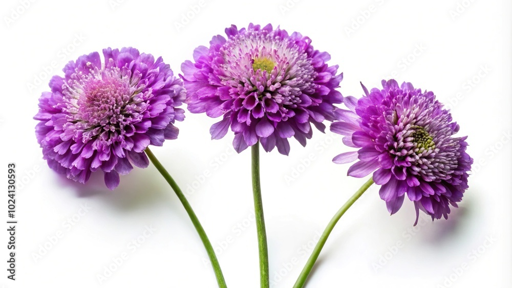 Light and airy composition of three purple scabiosa flowers on a white background, surrounded by autumn blooms Light and airy composition of three purple scabiosa flowers on a white background, surrounded by autumn blooms