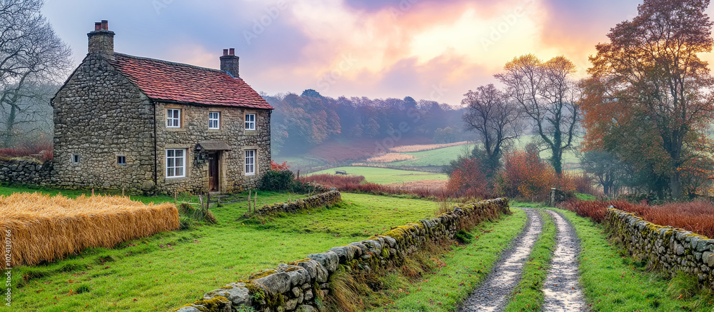 Fototapeta premium A cozy stone house in a vibrant autumn landscape under a brightening sky
