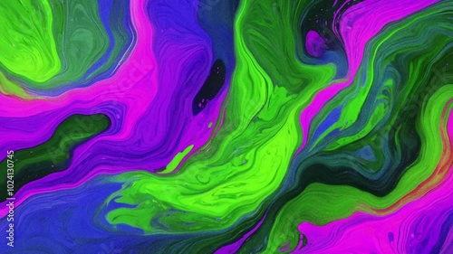 Dynamic Liquid vibrant colors particles abstract paint movement background. Purple green swirling liquids, fluid particles, cell shading, soft lighting animation