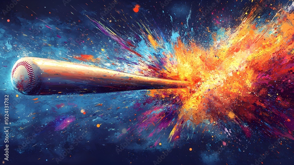Explosive colorful paint bursting from a baseball bat striking a ball ...