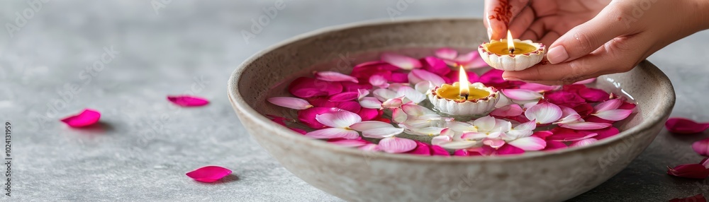 A serene hand placing a floating candle amidst pink petals in a decorative bowl, symbolizing tranquility and celebration. A serene hand placing a floating candle amidst pink petals in a decorative bowl, symbolizing tranquility and celebration.