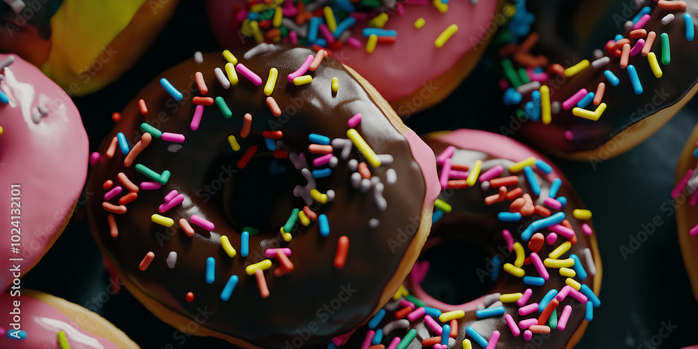 Delicious chocolate donuts covered in colorful sprinkles lying on table Delicious chocolate donuts covered in colorful sprinkles lying on table
