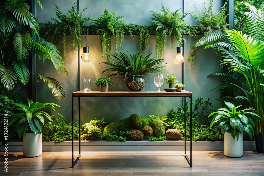 Fototapeta premium Modern Console Table with Elegant Design and Greenery in Minimalist Space