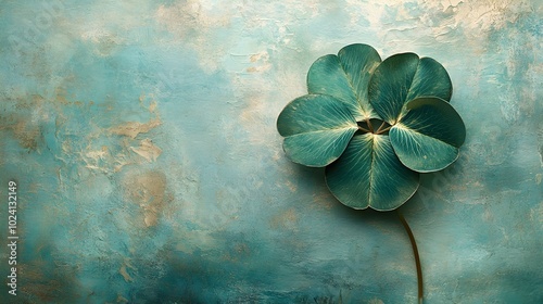 Vibrant green four-leaf clover, close-up on pale soft background, rich textures and shades, representing luck, nature and simplicity photo