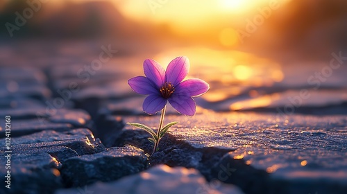 A purple flower growing from a crack in the asphalt photo