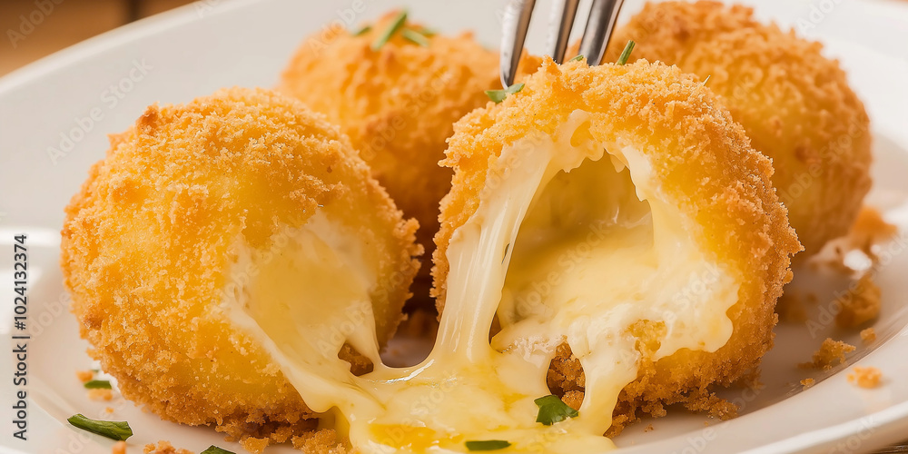 Deep fried breaded cheese balls with fork pulling melted cheese on white plate Deep fried breaded cheese balls with fork pulling melted cheese on white plate