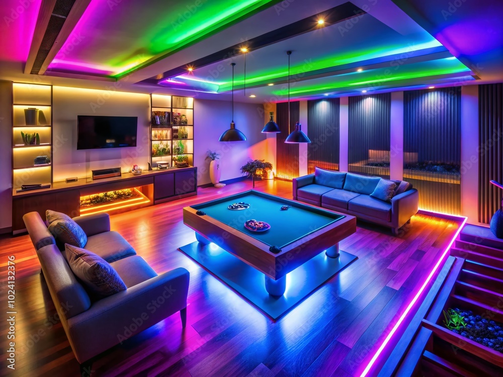 Modern Game Room Interior with LED Lights for an Inviting Atmosphere and Ultimate Gaming Experience at Home Modern Game Room Interior with LED Lights for an Inviting Atmosphere and Ultimate Gaming Experience at Home