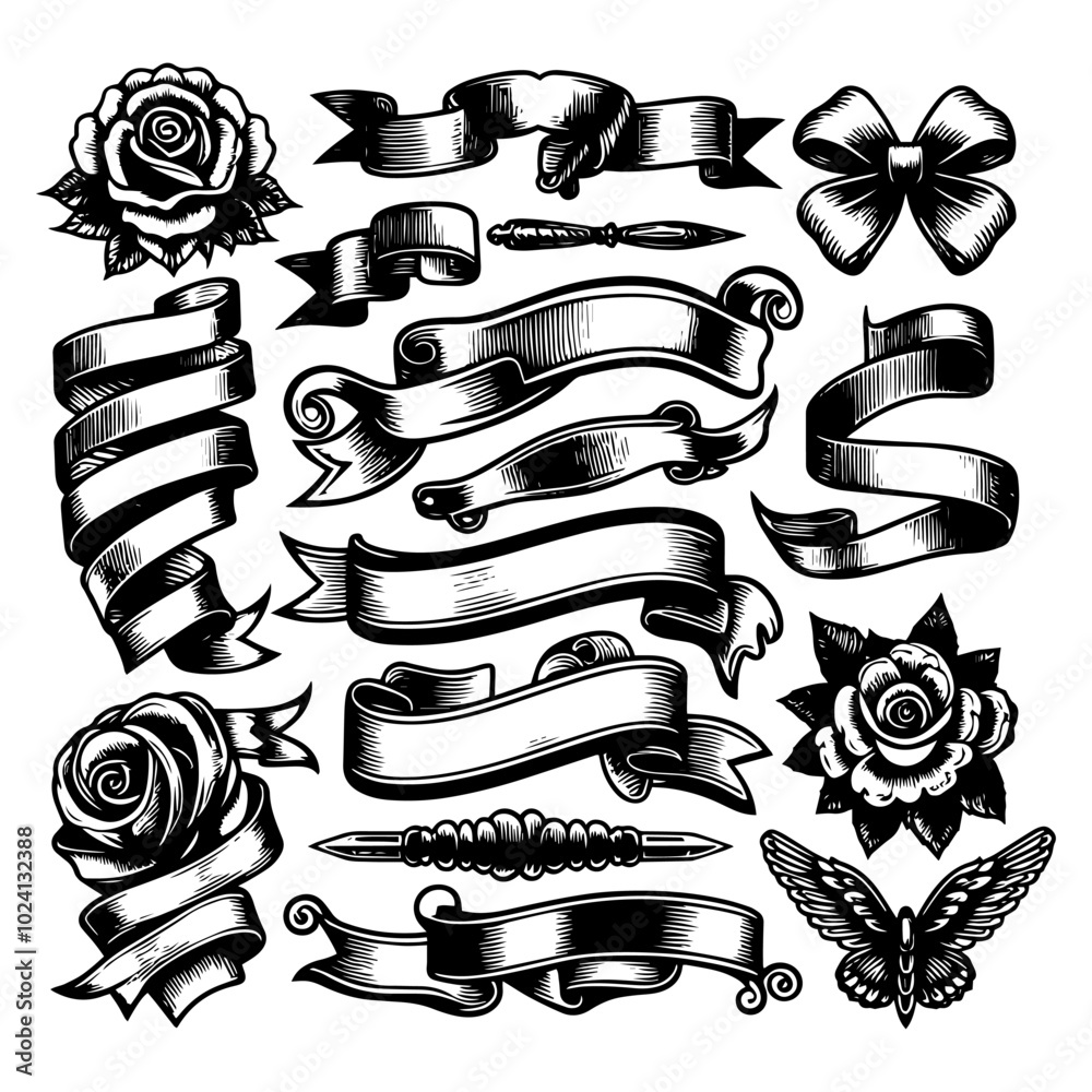 Decorative Ribbons and Floral Elements Collection for Design. Generative ai.