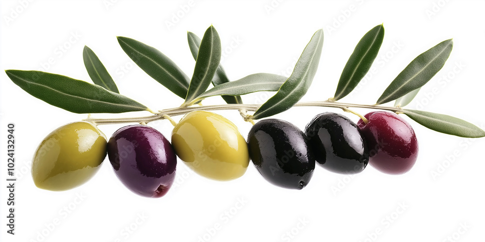 Branch containing a variety of olives is laying on a white background Branch containing a variety of olives is laying on a white background