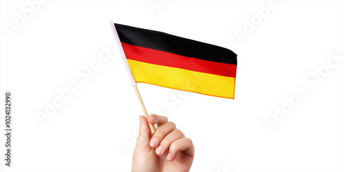 Hand holding german flag on white background photo