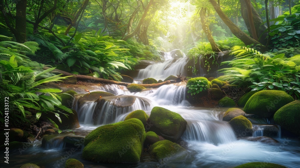 Tranquil Waterfall Amidst Lush Greenery