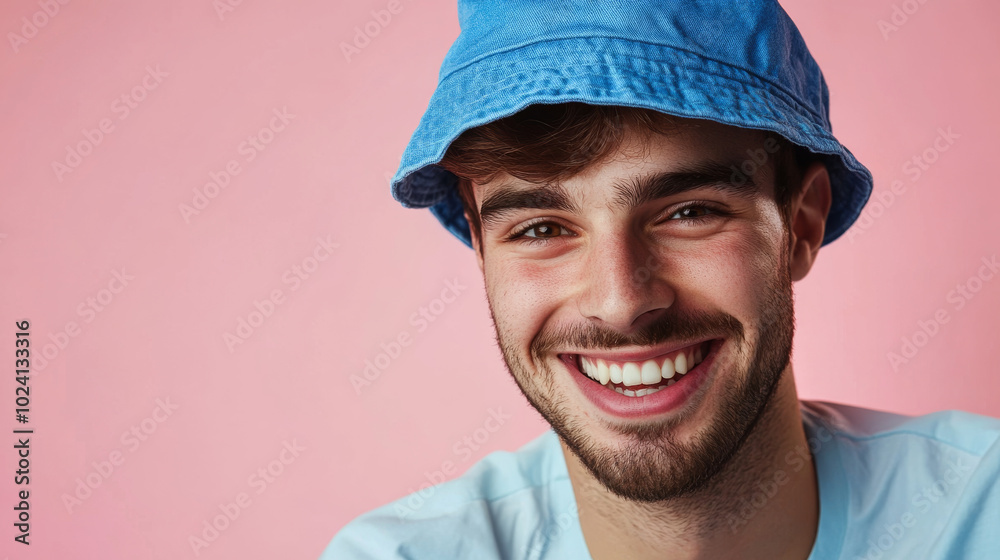 Young caucasian man wearing a blue bucket hat isolated on a pink background with copy space Young caucasian man wearing a blue bucket hat isolated on a pink background with copy space