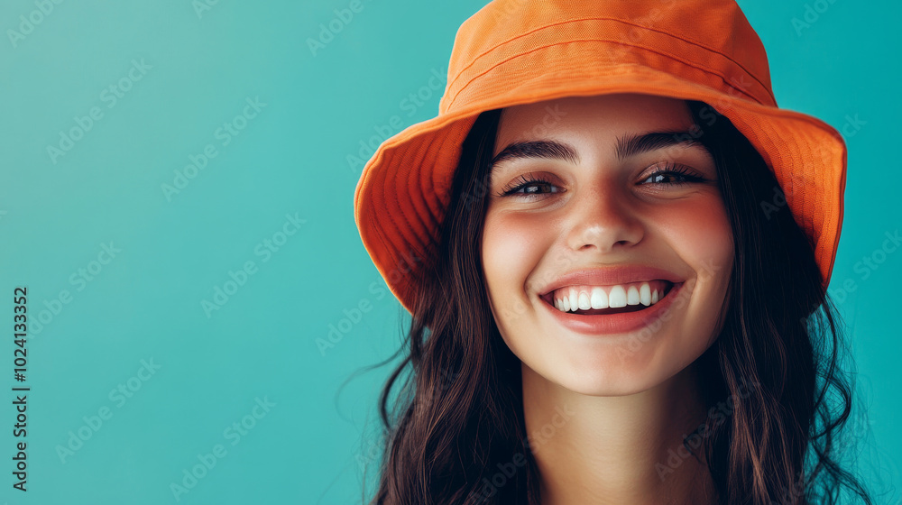 Young caucasian woman wearing an orange bucket hat isolated on a blue background with copy space Young caucasian woman wearing an orange bucket hat isolated on a blue background with copy space