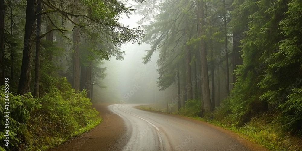 Obraz premium Winding road disappearing into foggy forest