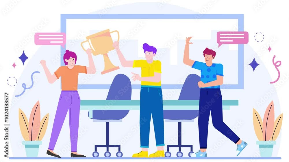 a joyful team celebrating success with a trophy in a modern office setting illustration animated video a joyful team celebrating success with a trophy in a modern office setting illustration animated video