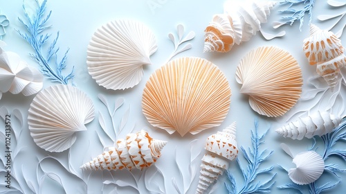 Delicate paper cut seashells with finely detailed lines, arranged in a calming beachthemed decoration, paper cut seashells, delicate coastal decor photo