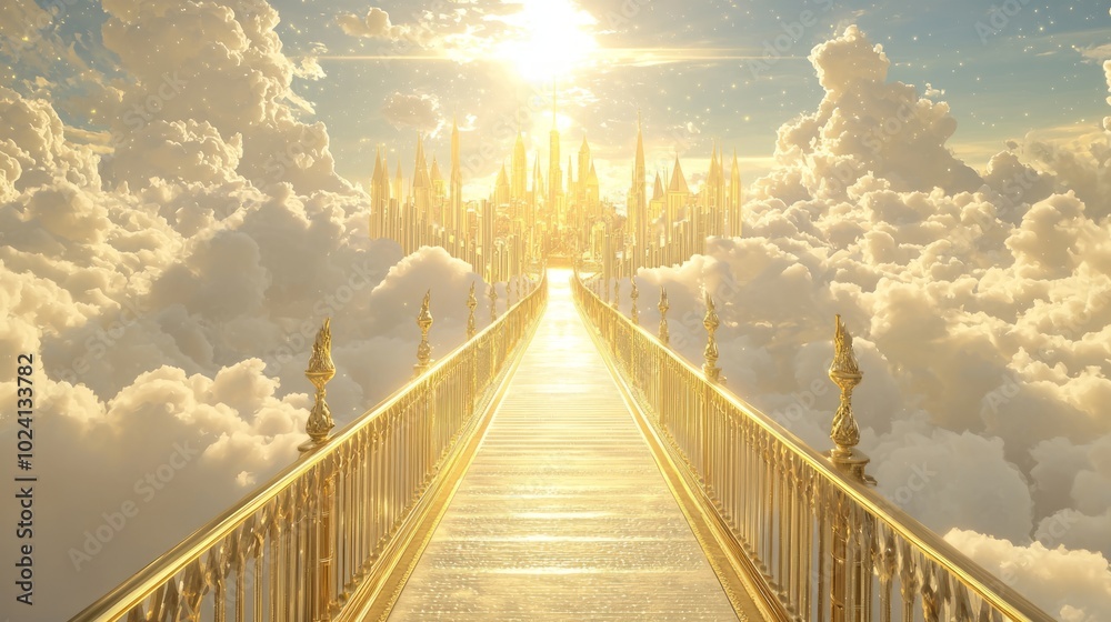 Fototapeta premium Ethereal Gateway to the Divine: Stunning 3D Illustration of Golden Bridge Leading to Heavenly City in the Clouds, Signifying Hope and Guidance