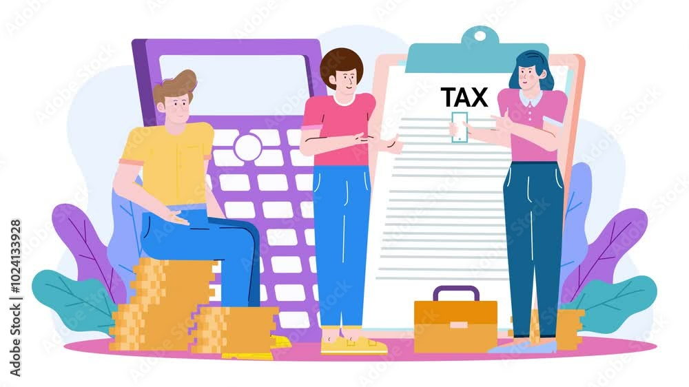 three people discussing tax documents and financial management with a calculator illustration animated video three people discussing tax documents and financial management with a calculator illustration animated video