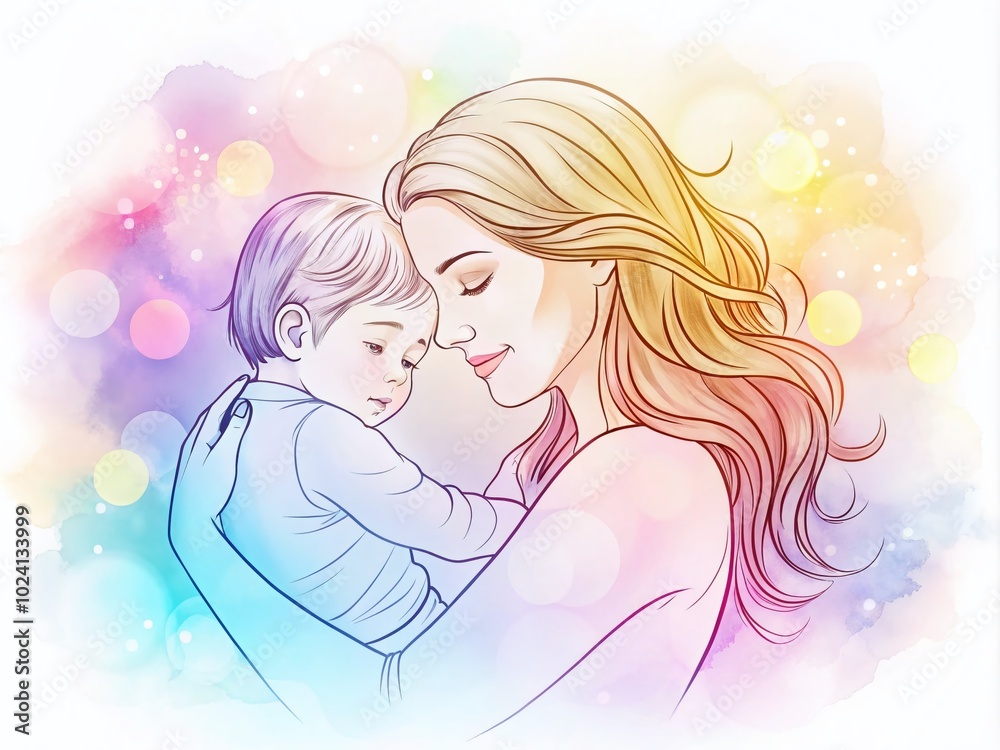 Mother and Child Continuous Line Art with Bokeh Effect for Mother's Day Celebration Mother and Child Continuous Line Art with Bokeh Effect for Mother's Day Celebration