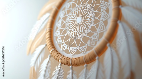 Paper cut dreamcatcher with intricate, delicate webbing and fine feather details, paper cut dreamcatcher, delicate boho decor photo