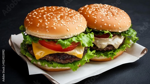 Classic cheeseburger with lettuce, tomato, and special sauce, wooden serving board, rustic street food ambiance