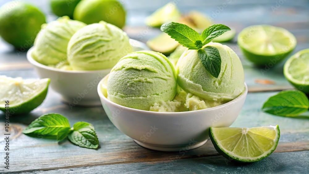 Lime ice cream scoops and slices on bright background Lime ice cream scoops and slices on bright background