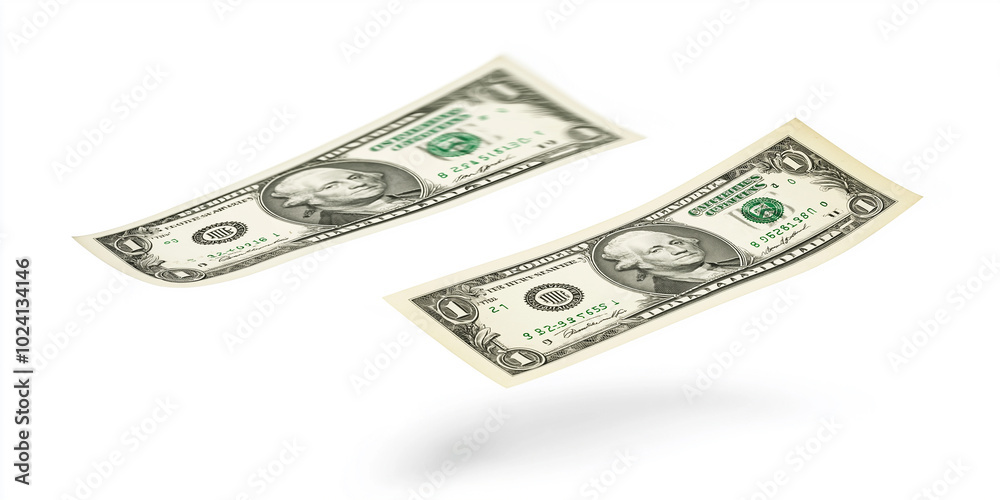 Two one dollar bills floating on white background Two one dollar bills floating on white background