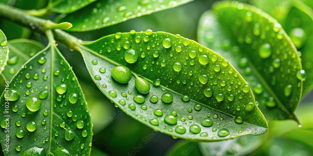 Lime leaves covered in raindrops with blurred background from above angle Lime leaves covered in raindrops with blurred background from above angle