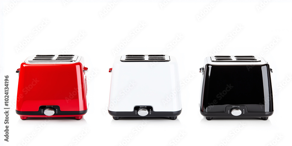 Three toasters standing on white background in different colors Three toasters standing on white background in different colors