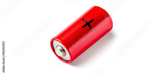 One red aa battery lying on white background photo