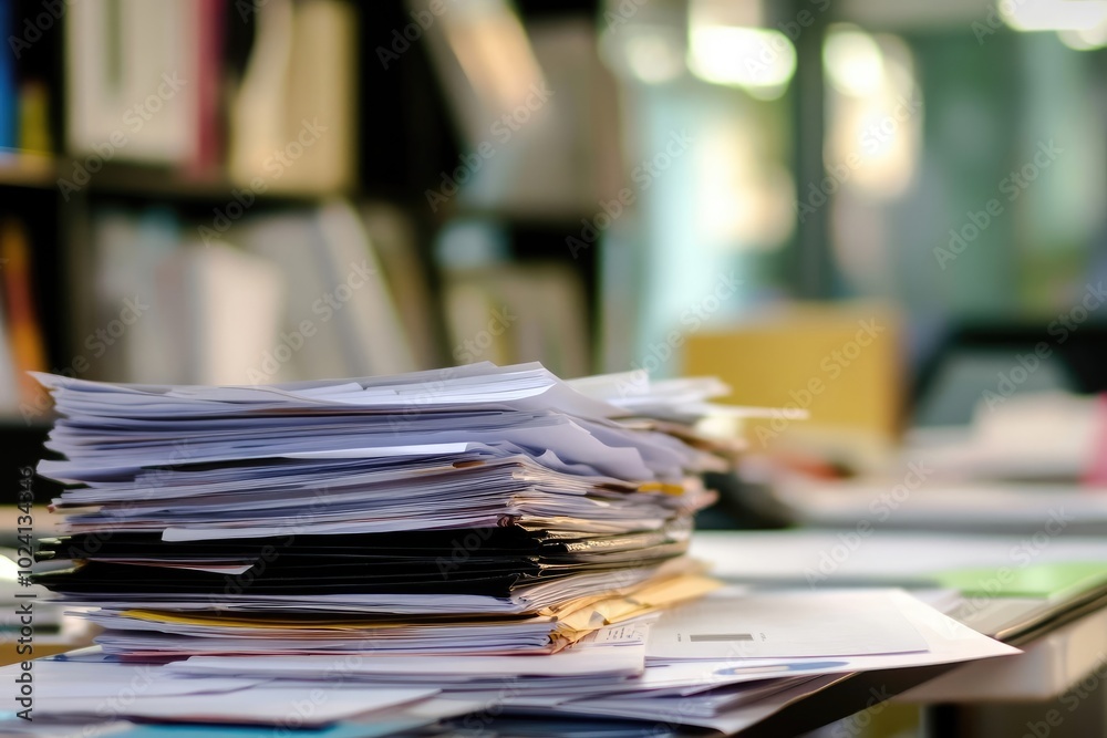 Close-Up of Pile of Documents and Papers on Office Desk with Blurred Background Close-Up of Pile of Documents and Papers on Office Desk with Blurred Background