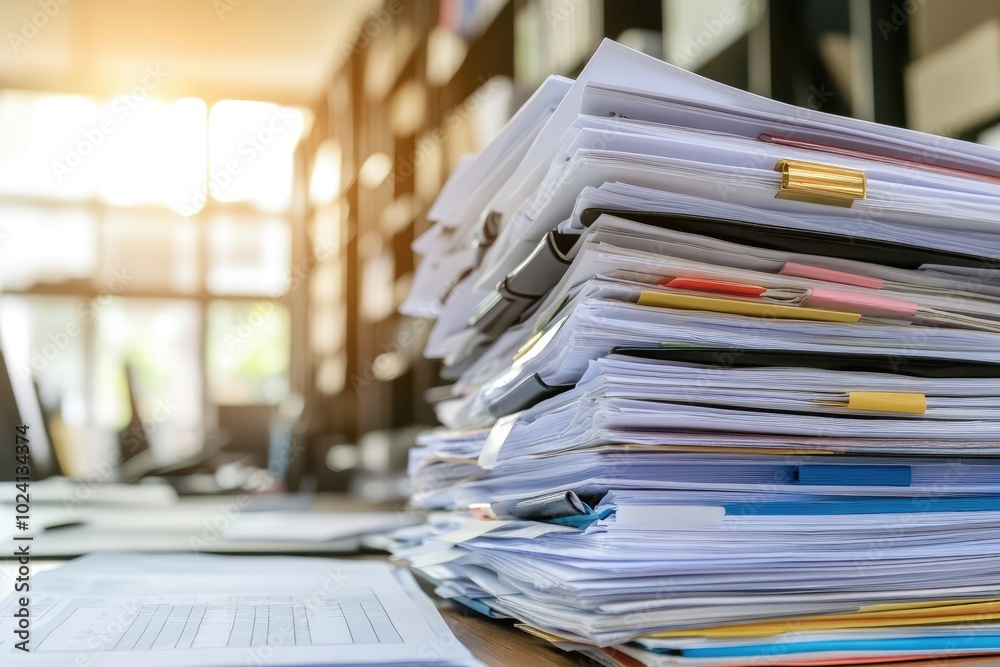 Close-Up of Pile of Documents and Papers on Office Desk with Blurred Background Close-Up of Pile of Documents and Papers on Office Desk with Blurred Background