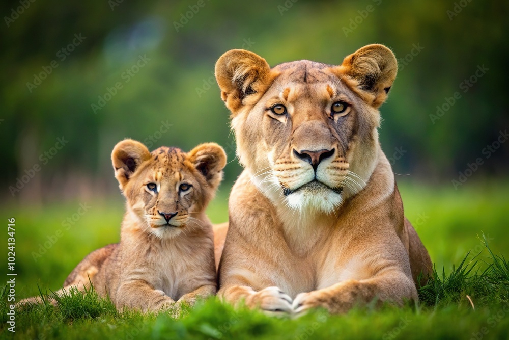 Lioness and lion cub lying on grass looking into distance macro Lioness and lion cub lying on grass looking into distance macro